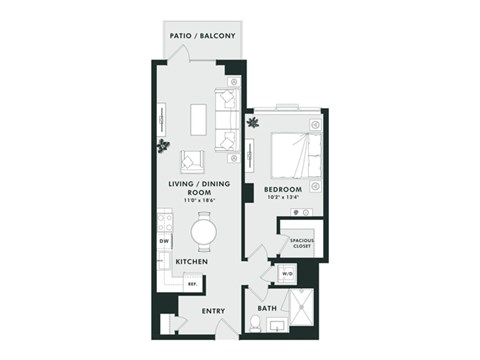 A black and white diagram of a house layout with a living room, dining room, kitchen, bedroom, bathroom and entry.